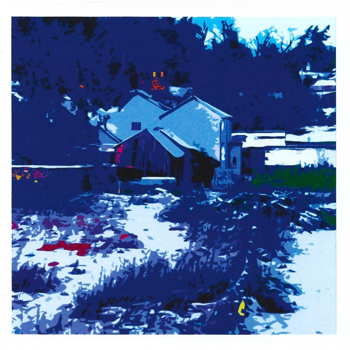 Farm House in Winter Blue card